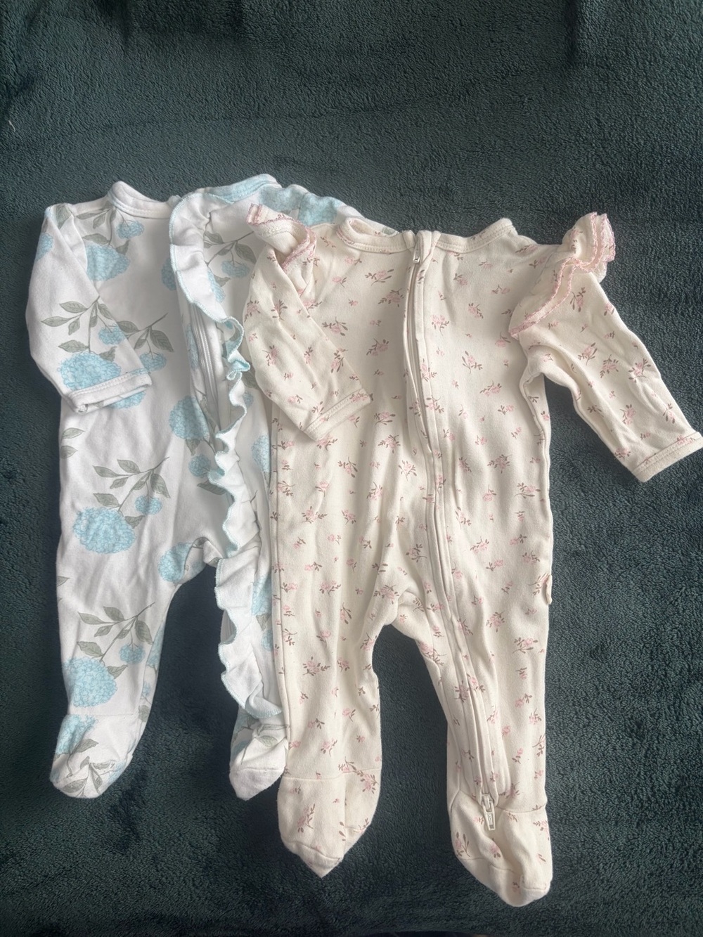 Baby Girls Cream Floral Zip Footed One-Piece with Ruffle Shoulder